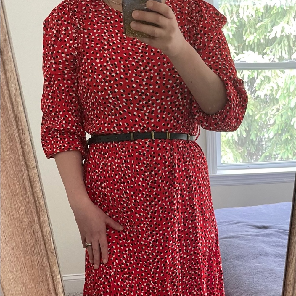Zara red printed maxi dress with Urban Outfitters studded belt
